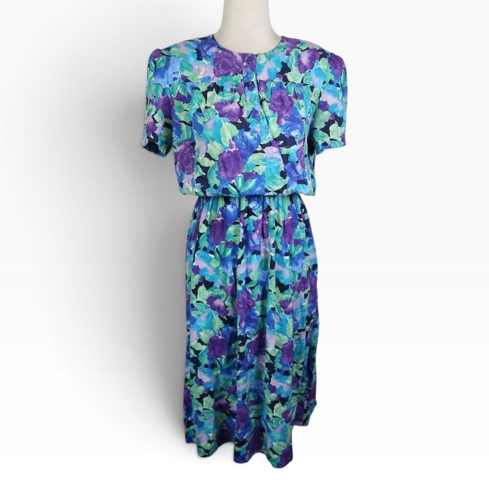 Vintage 80s Virgo II Blue and Purple Floral Blouson Midi Dress